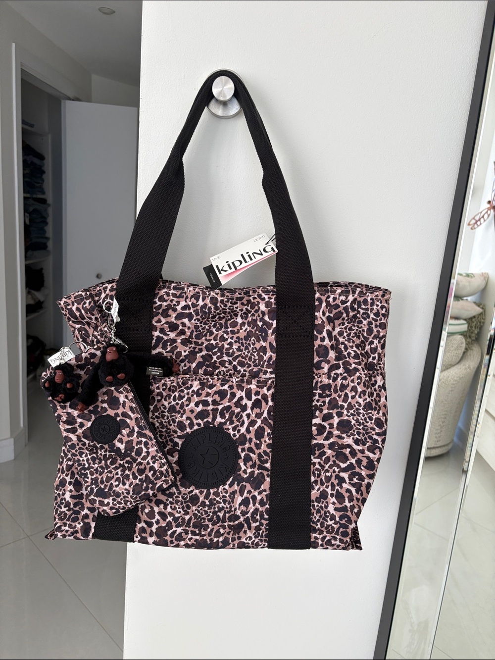 Kipling Leopard Print Tote with Black Straps